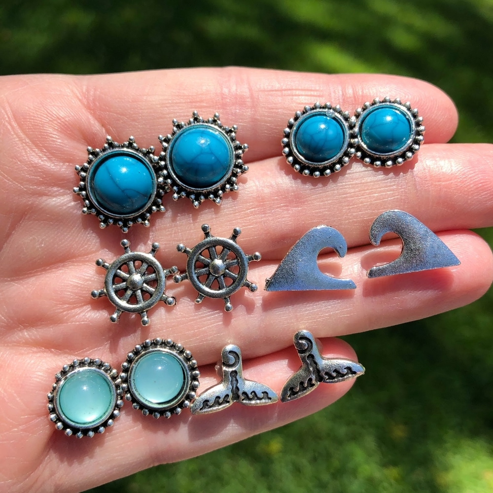 Blue Beach Boho Vibes Cruise Ship Vacation Earring 6 Pair Set